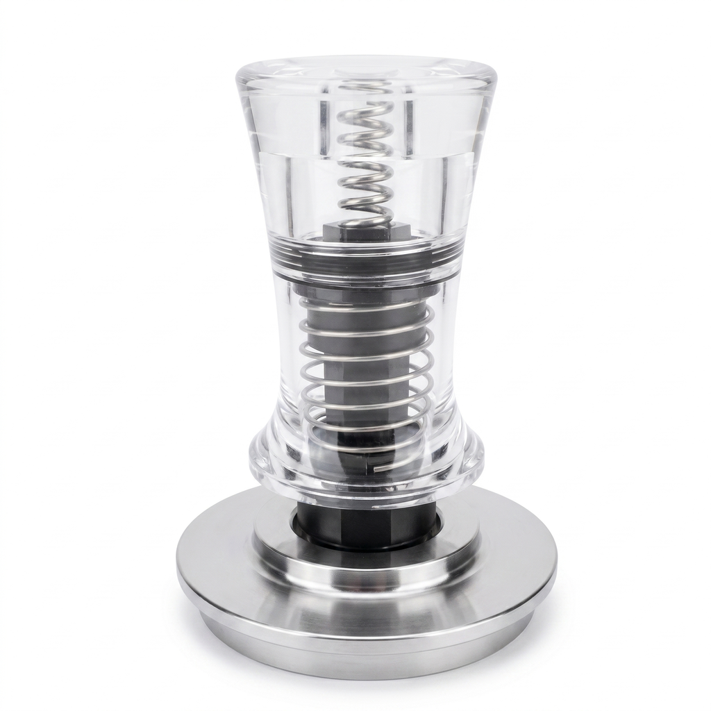TrueShih Acrylic Constant-Pressure Espresso Tamper — clear dual-rail tamper with stainless base, on white