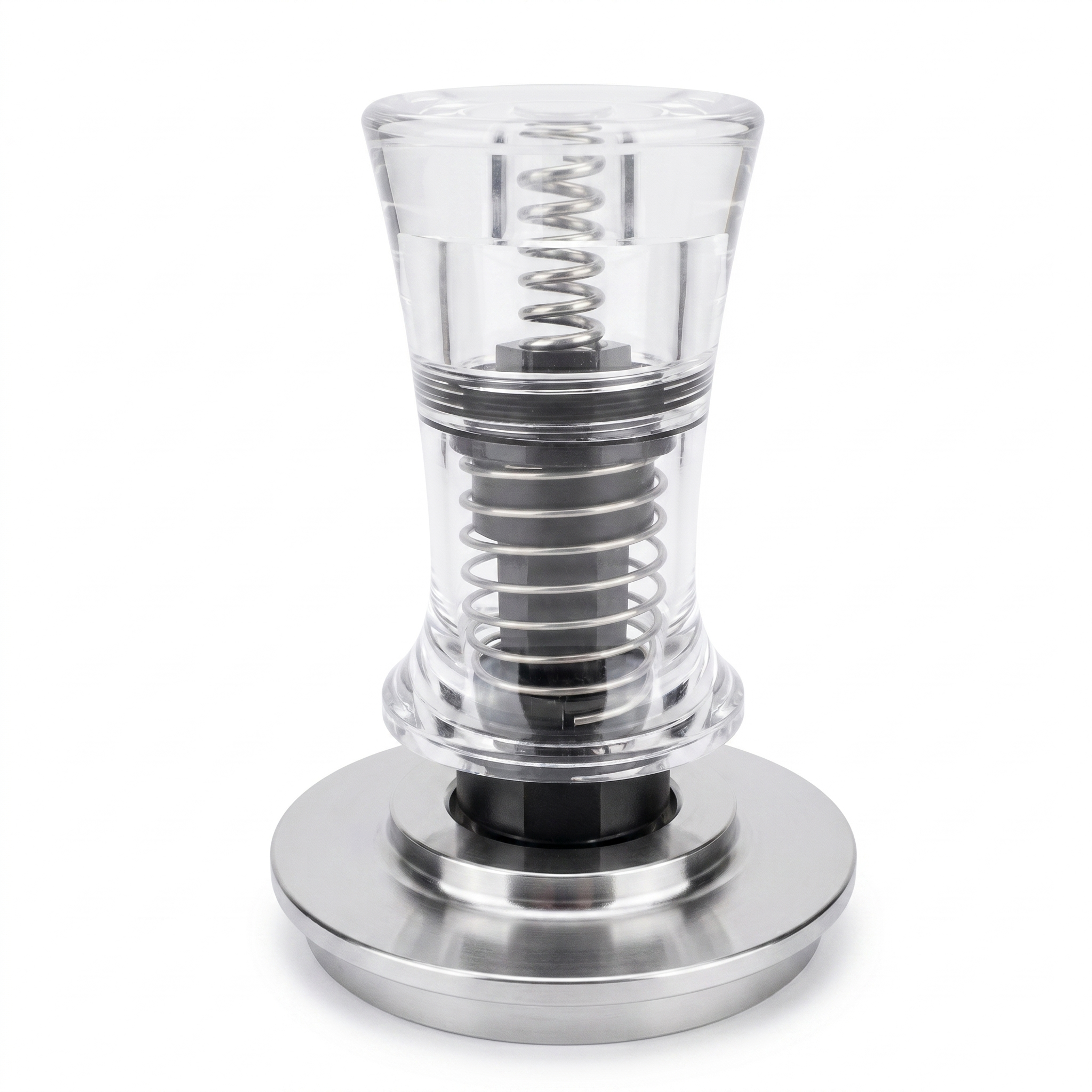 TrueShih Acrylic Constant-Pressure Espresso Tamper — clear dual-rail tamper with stainless base, on white