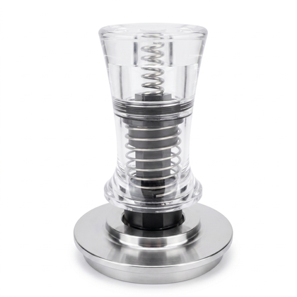 TrueShih Acrylic Constant-Pressure Espresso Tamper — clear dual-rail tamper with stainless base, on white