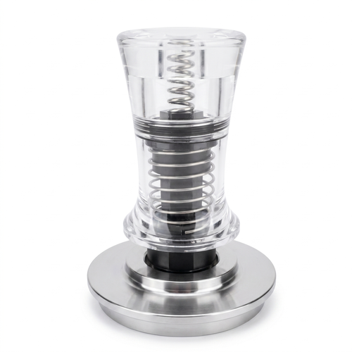 TrueShih Acrylic Constant-Pressure Espresso Tamper — clear dual-rail tamper with stainless base, on white