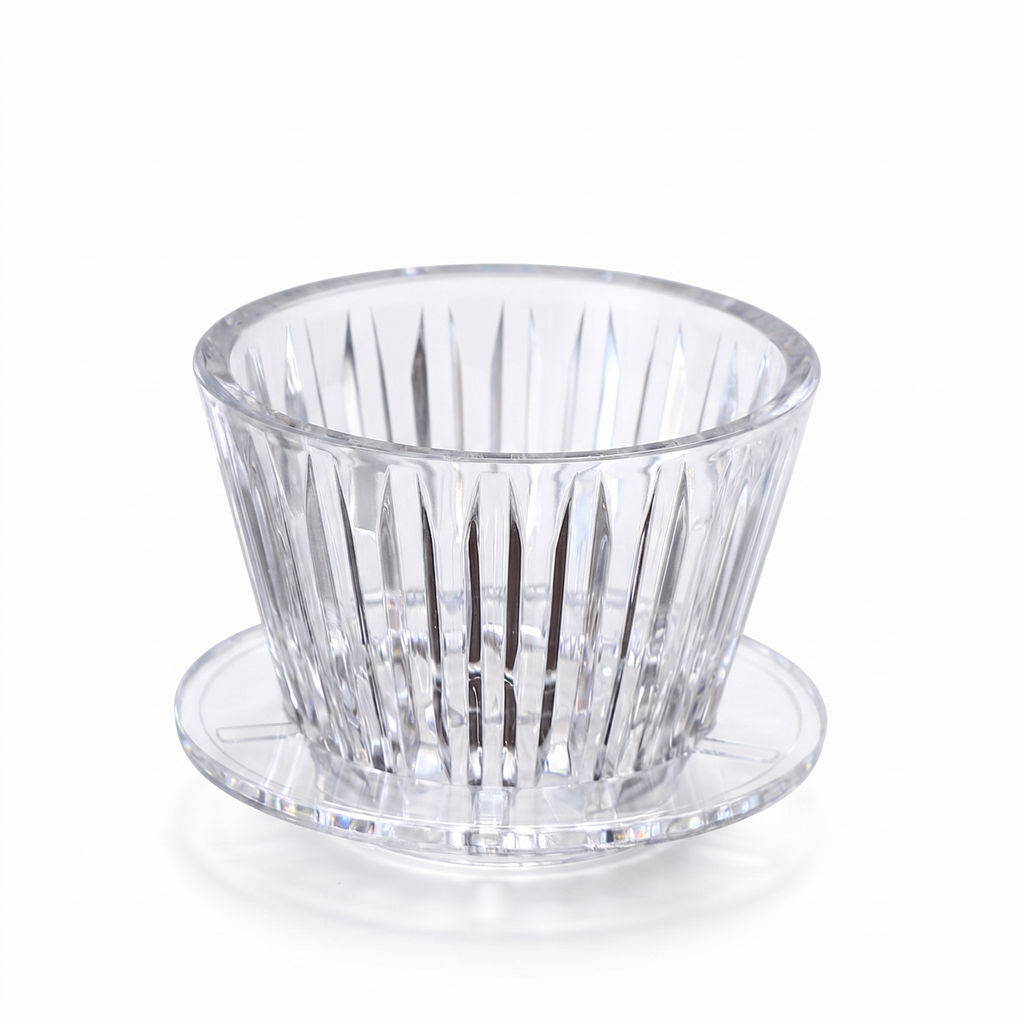 TrueShih Acrylic Pour-Over Cup — clear faceted acrylic coffee dripper and matching drip stand on a white background
