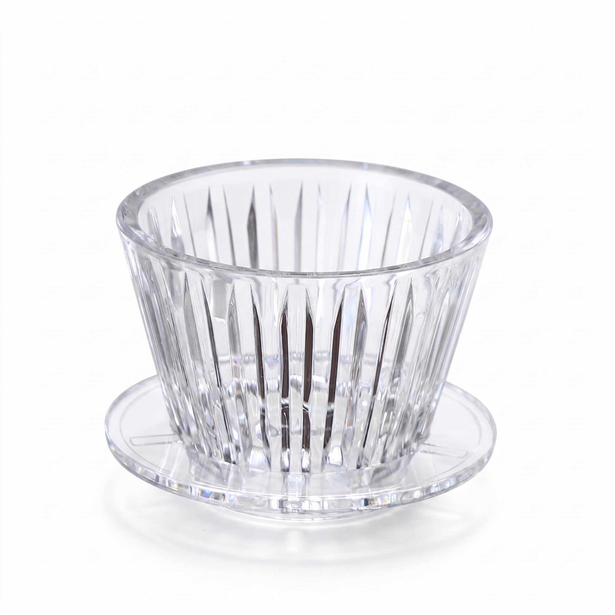 TrueShih Acrylic Pour-Over Cup — clear faceted acrylic coffee dripper and matching drip stand on a white background
