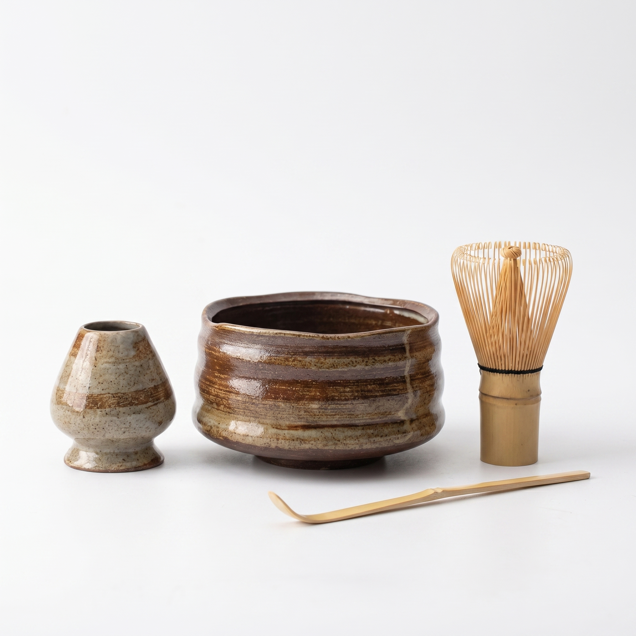 TrueShih The Matcha Ritual Essentials — complete 4-piece set in Autumn Wave: warm striated ceramic chawan, matching whisk holder, bamboo chasen and chashaku scoop on white