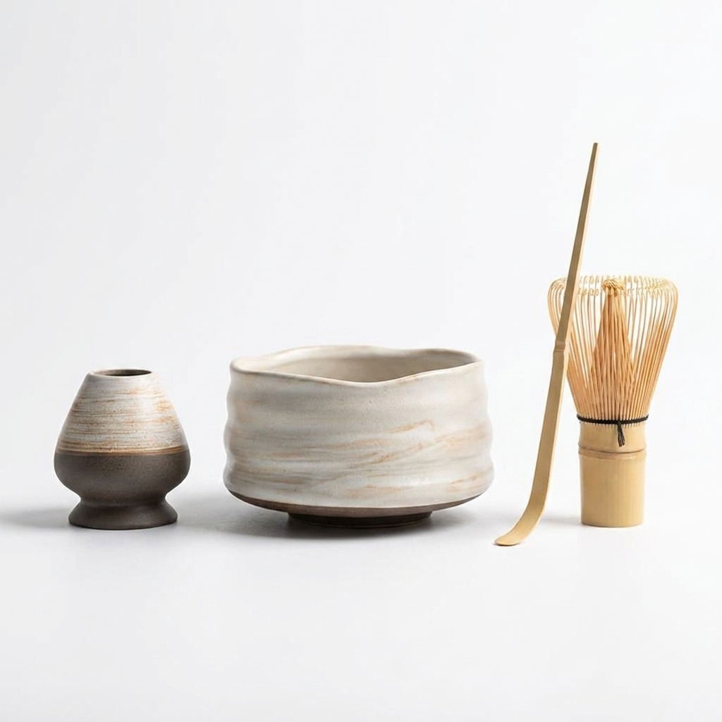 TrueShih The Matcha Ritual Essentials — Shadow White Wave colorway: off-white kiln-glazed chawan, ceramic whisk holder, bamboo chasen and chashaku on white