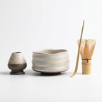 TrueShih The Matcha Ritual Essentials — Shadow White Wave colorway: off-white kiln-glazed chawan, ceramic whisk holder, bamboo chasen and chashaku on white