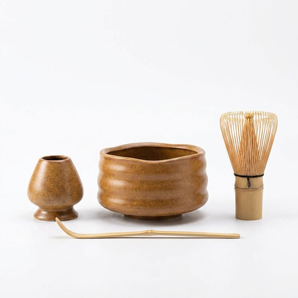 TrueShih The Matcha Ritual Essentials — Amber Wave colorway: warm amber kiln-glazed chawan, ceramic whisk holder, bamboo chasen and chashaku on white