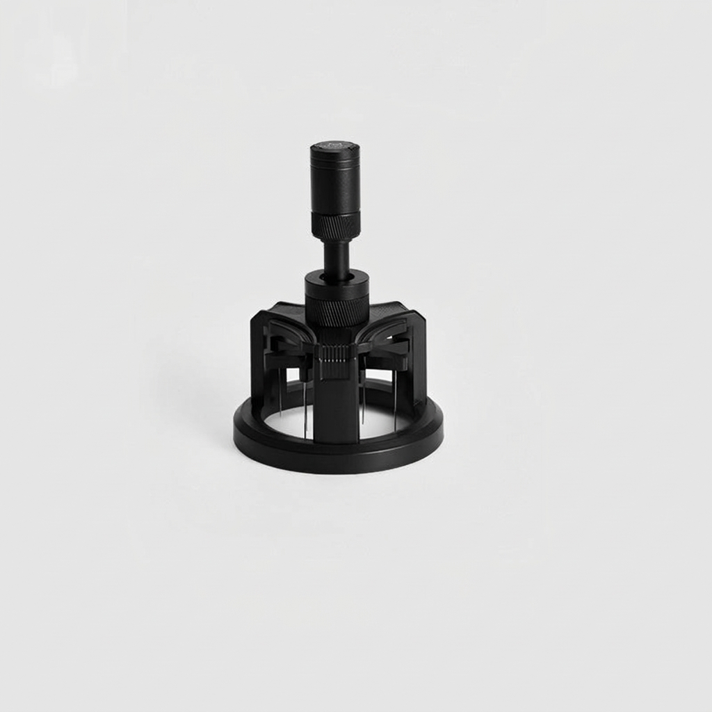 TrueShih Vertical Needle Distributor — black needle-bed espresso distribution tool, clean studio product shot on white