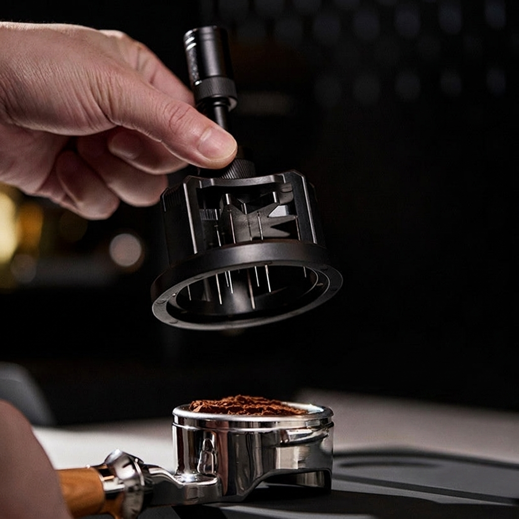 Hand holding the TrueShih Vertical Needle Distributor above a filled portafilter during espresso prep