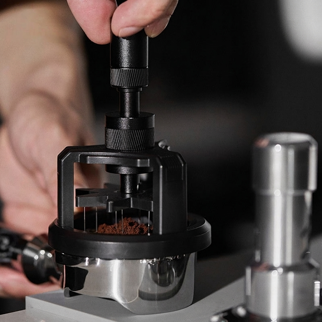 TrueShih Vertical Needle Distributor pressed straight down into the coffee bed, levelling the puck before tamping
