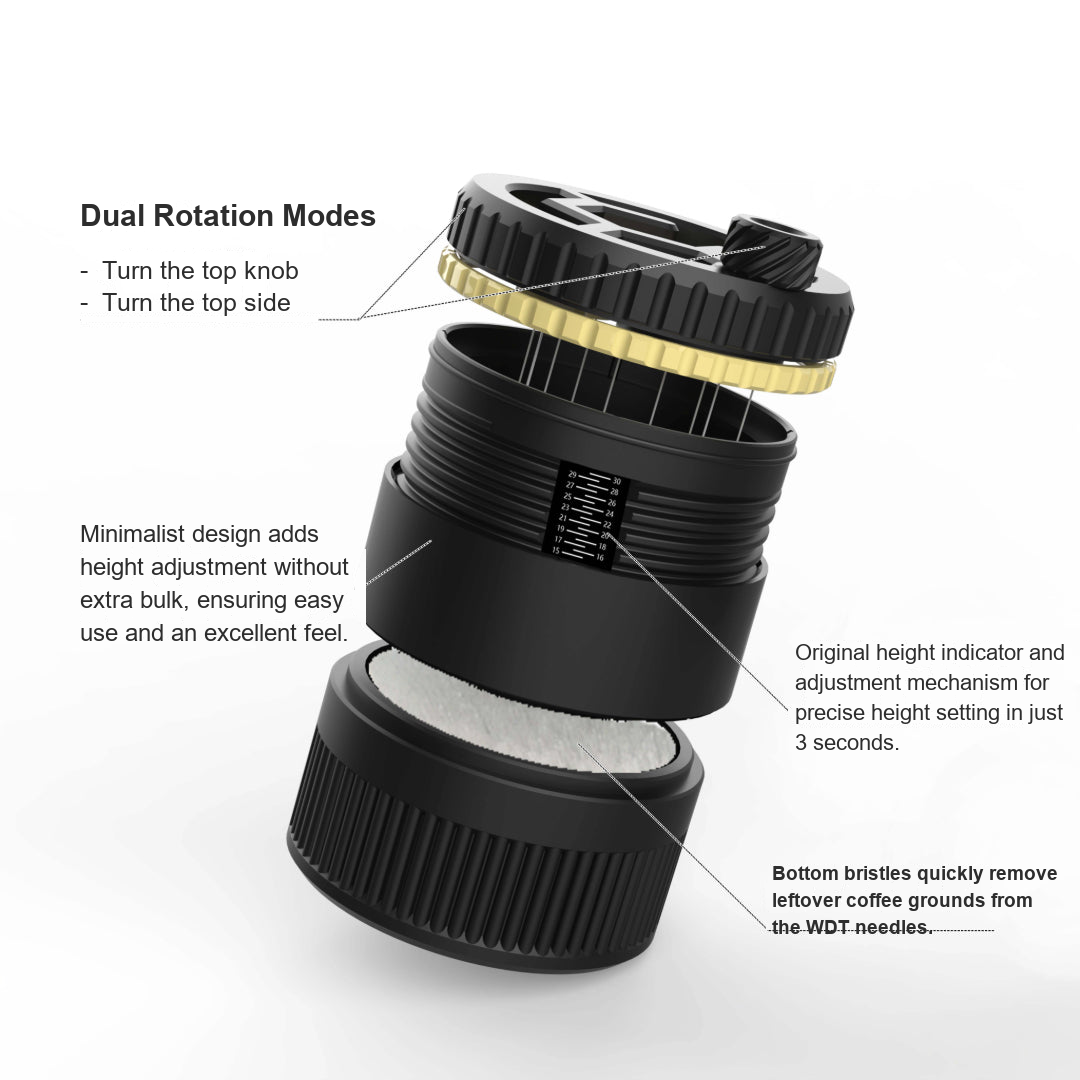 Planetary Spin Distributor exploded view: dual rotation modes, original height indicator with 3-second adjustment, and bottom bristles to clear leftover grounds from the WDT needles