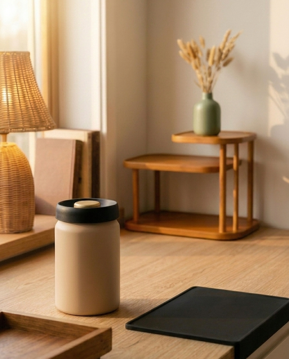 Coffee Corner Starter Set in warm morning light — vacuum canister and silicone mat in the foreground with the three-tier shelf softly in view