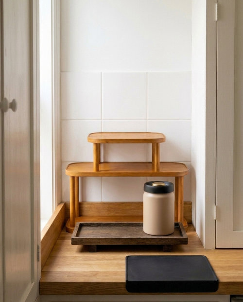 Coffee Corner Starter Set styled in a small kitchen nook — three-tier shelf, footed tray, vacuum canister and silicone mat on a narrow butcher-block counter