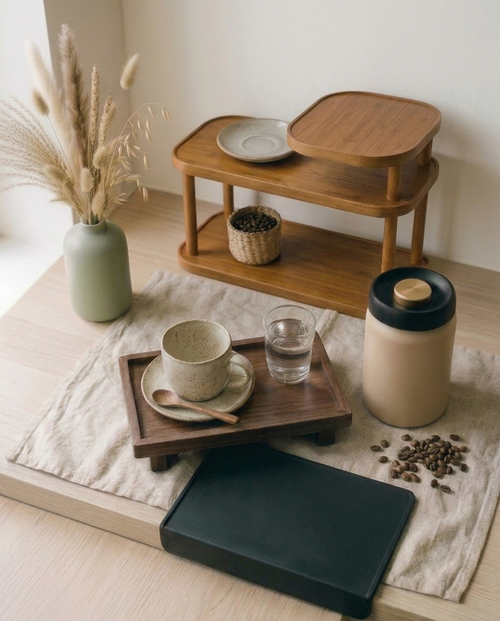 Three-tier wood-tone shelf, footed wood tray, beige vacuum canister and black silicone mat arranged as a coffee corner on a pale oak counter