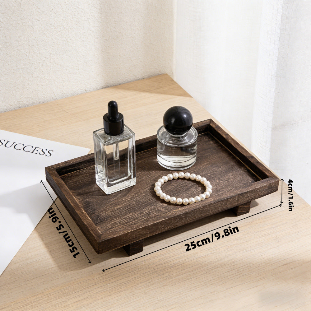 Footed solid wood tray with dimensions marked at 25 by 15 by 4 centimetres