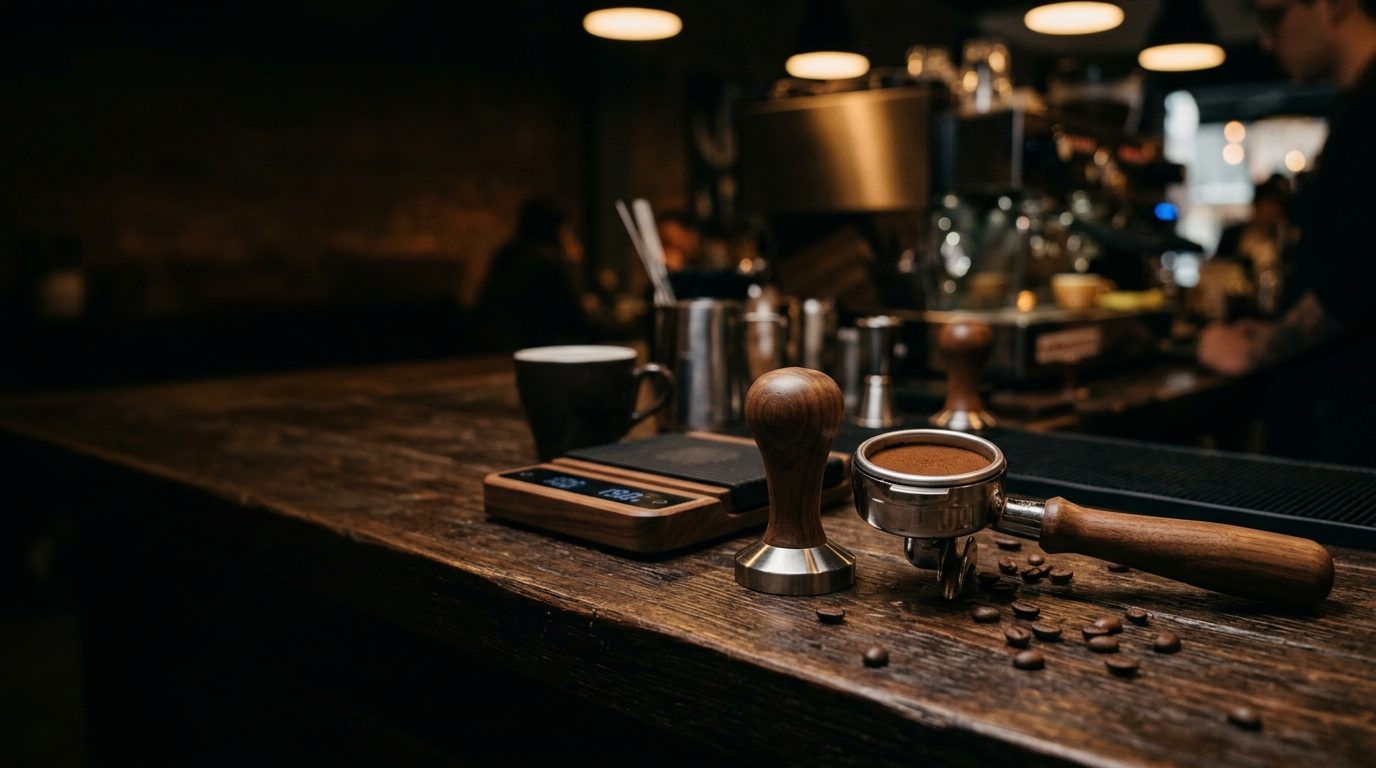 Walnut espresso tamper and scale beside a freshly tamped portafilter on a dark cafe counter