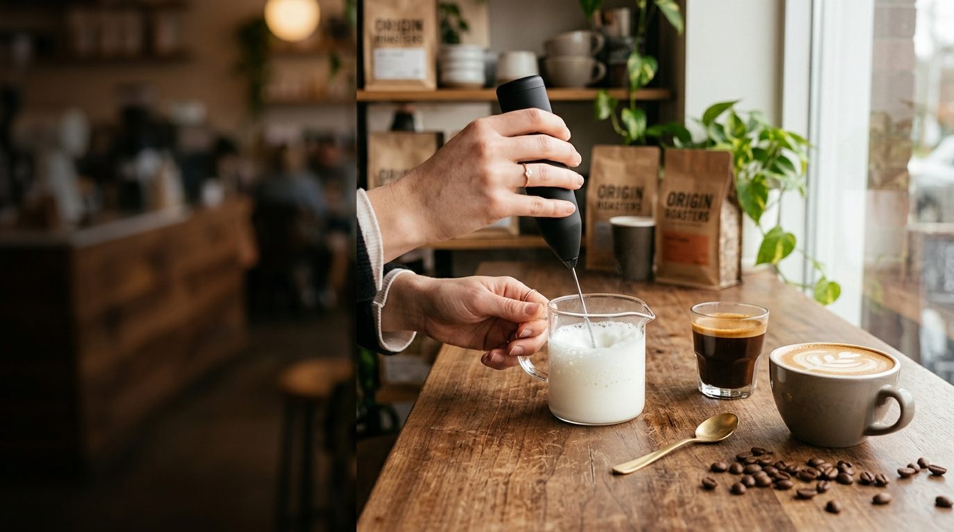 A hand using a cordless milk frother to whisk creamy microfoam in a glass jug of milk, espresso and latte nearby