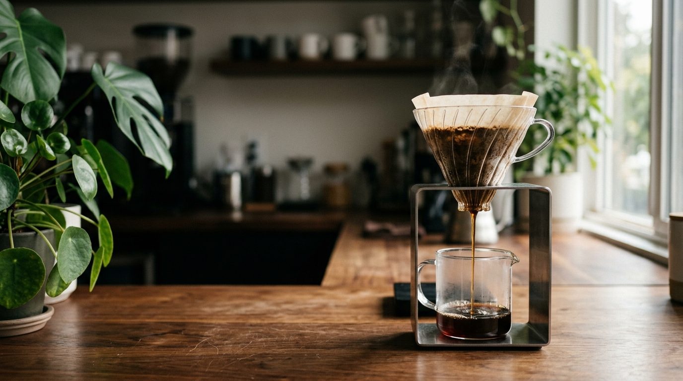 Glass pour-over dripper on a stand dripping fresh coffee into a glass, plant and warm window light