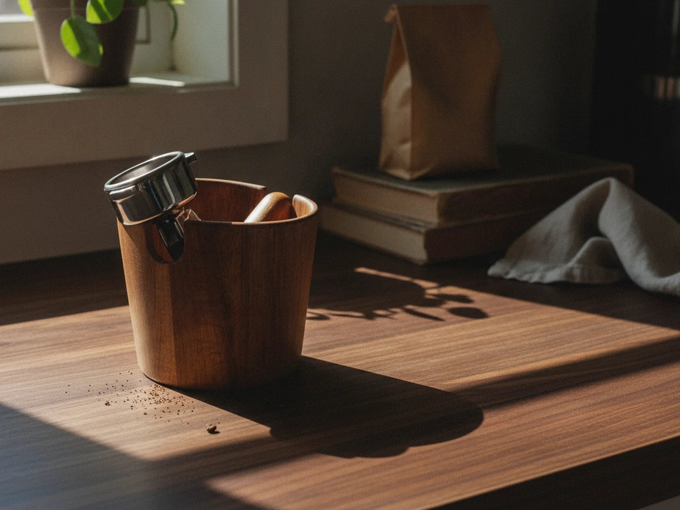 A solid acacia knock box on a sunlit wooden counter, a wooden knock bar across its mouth and a portafilter resting against the rim