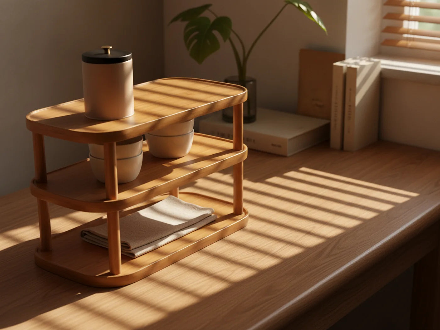 A three-tier wood-tone countertop shelf standing on a coffee counter, holding a sealed bean canister, stacked cups and a folded linen cloth