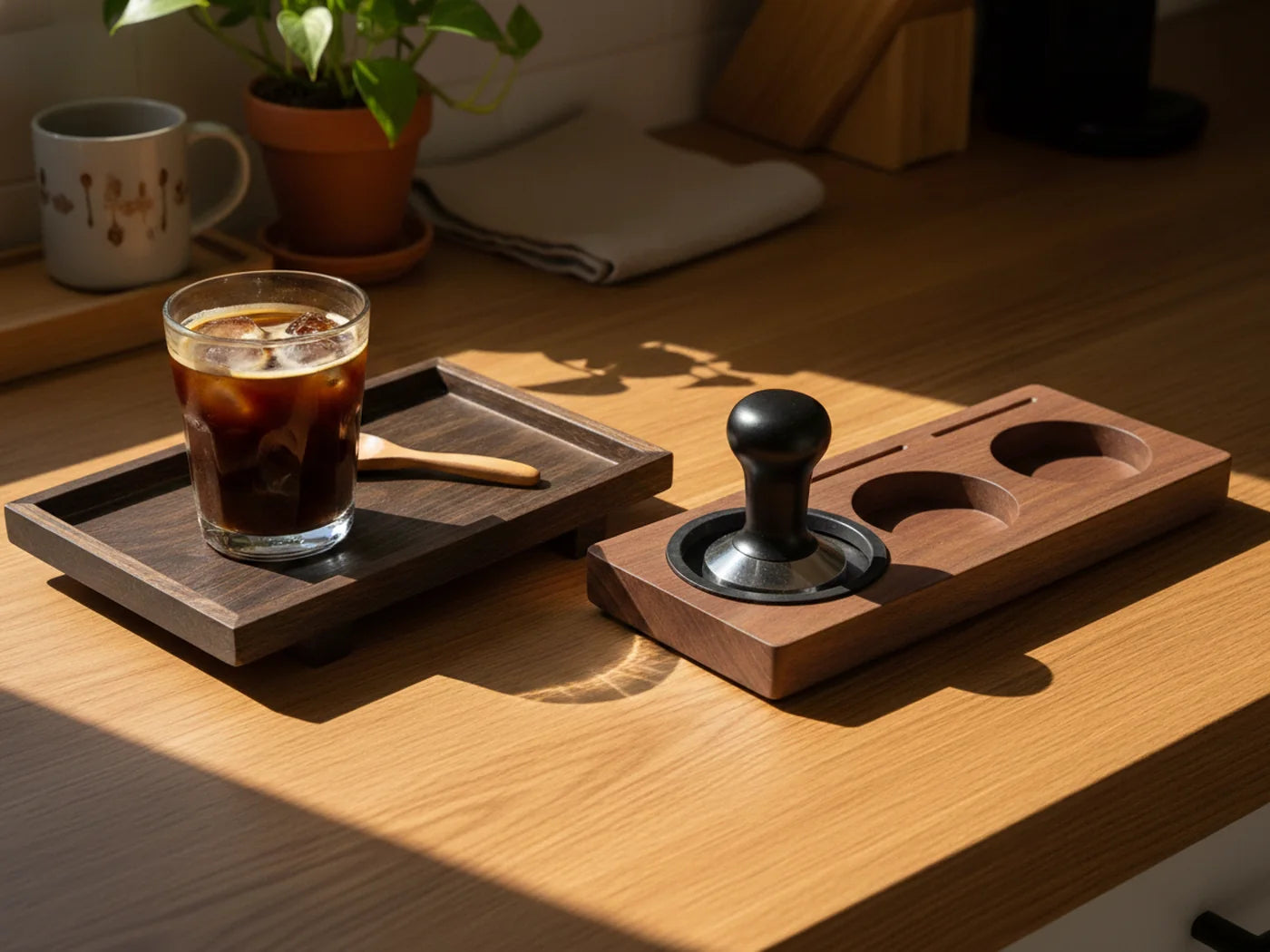 A footed dark grooved wood tray on a sunlit counter holding a glass of iced coffee and a wooden dosing spoon, with a walnut tamping station beside it