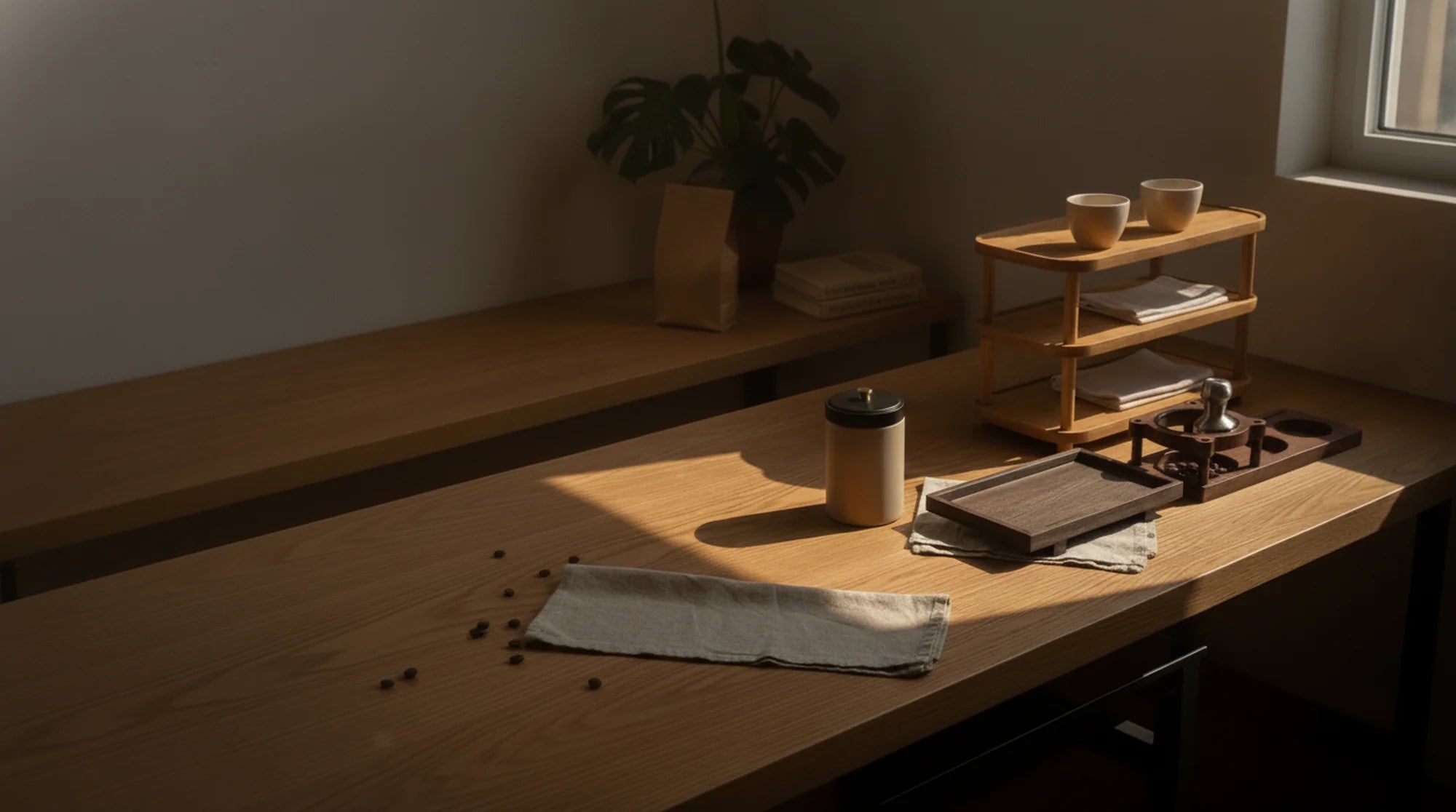 A home coffee corner in low afternoon sun on a warm oak counter — a three-tier wooden rack holding two ceramic cups and folded linen, a matte beige coffee canister, and a dark grooved wood tray beside a walnut tamping station