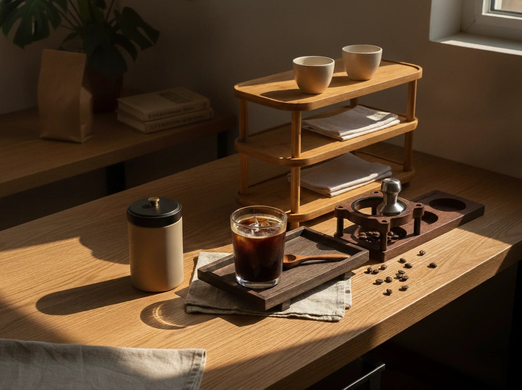 A home coffee corner in raking afternoon sunlight — a three-tier wood-tone rack holding cups and folded linen, a sand-beige coffee canister, a footed dark wood tray with a glass of iced coffee, and a walnut tamping station