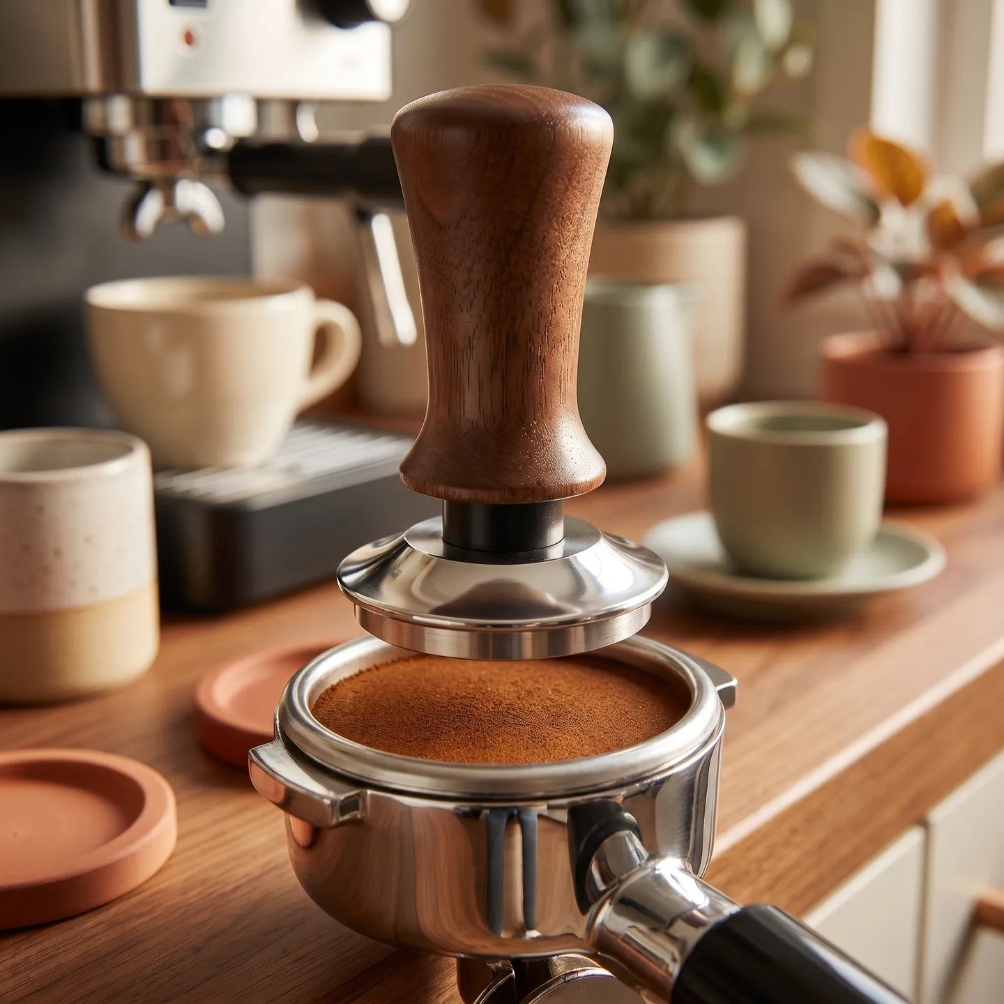 Walnut Calibrated 30lb Espresso Tamper — Flat on contact.