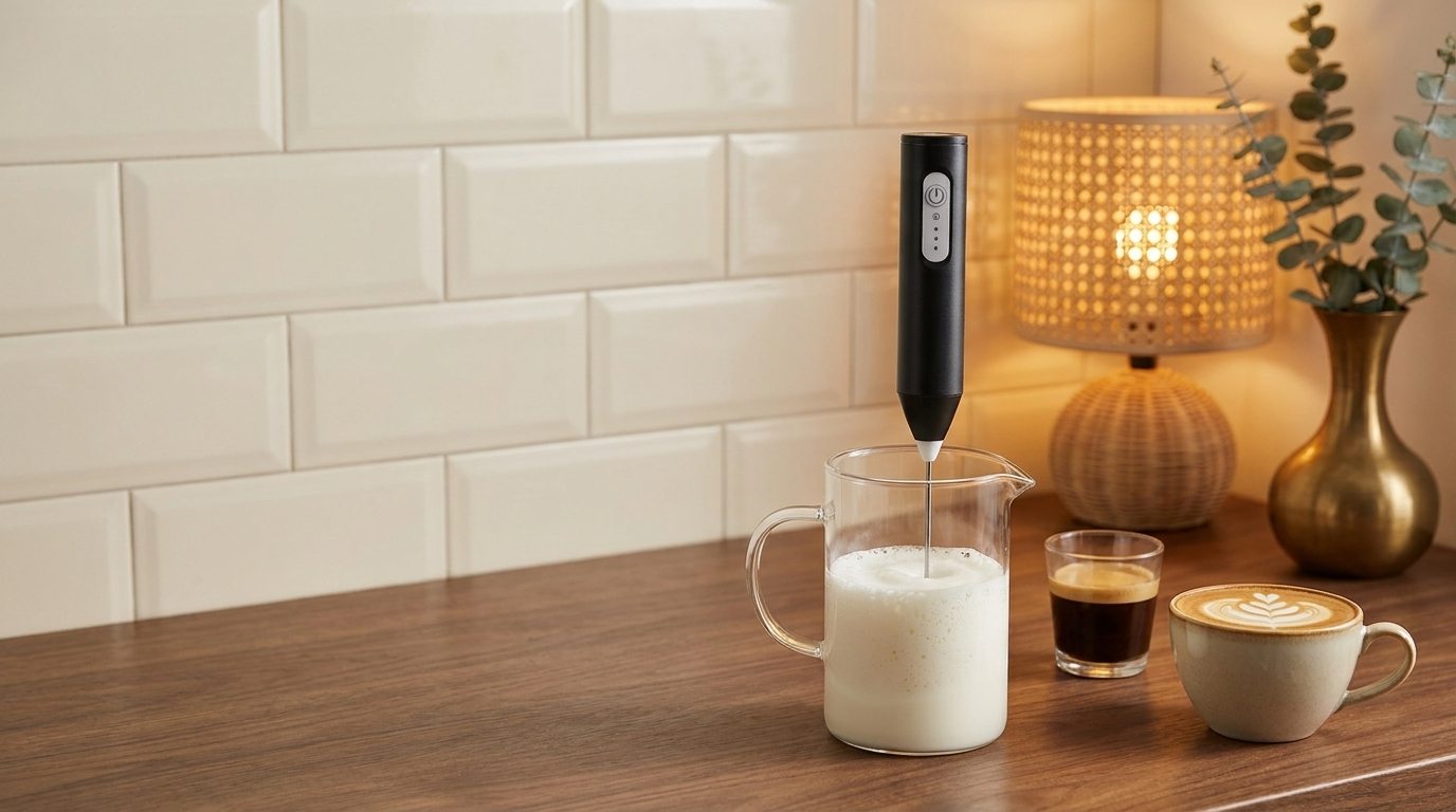 Hand whisking creamy microfoam with a cordless milk frother beside an espresso and a latte on a warm walnut home counter