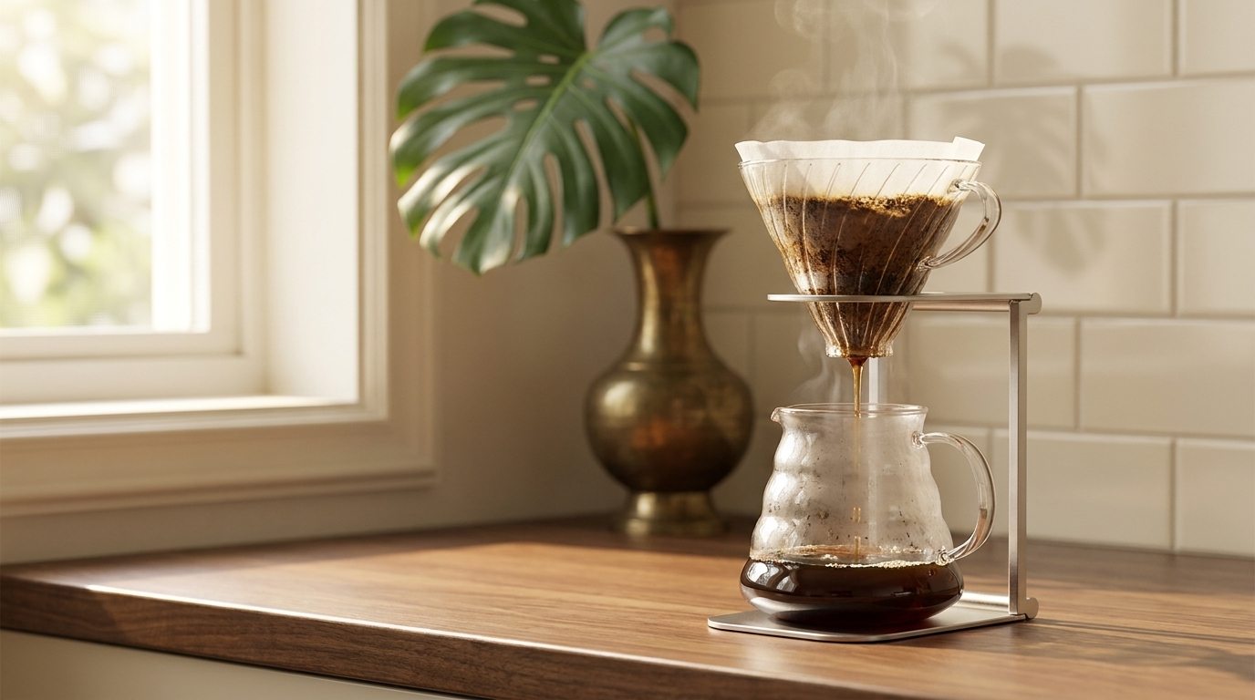 Glass pour-over dripper on a slim stand dripping fresh coffee into a server by a sunny window, monstera leaf and cream tile wall